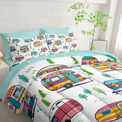 HOSIMA 7Pcs Forest Print Cartoon Camping Twin Comforter Set with Sheets.