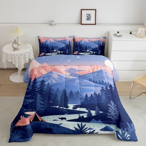 Woodland Comforter Set Toddler Size,Pine Tree Boho Bedding Set for Kids Girls Boys Adults Room Decor,Rustic Style Nature Botanical Duvet Insert 2Pcs,Polka Dot Snowflake Plant Quilt Set,1 Pillowcase