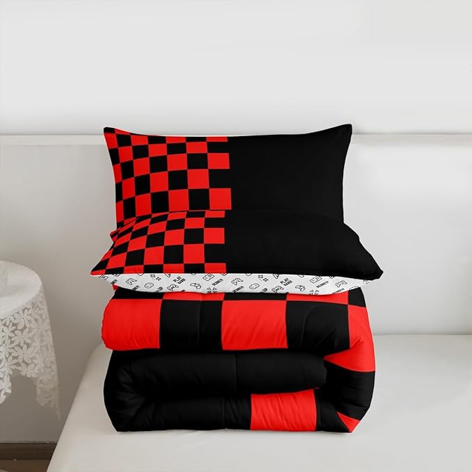 Geometric Lattice Kids Bedding Set King Size,Video Games Check Lattice Comforter Set，Grid Fashion Simple Quilt Comforter,Black Red Bedroom Duvet Insert,2 Pillowcases