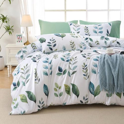 MUXHOMO Grey Green Foliage Bed in a Bag King 7 Pieces, King Comforter Set Reversible Botanical Flowers Design, Ultra Soft & Breathable Bedding Sets with Comforter, Sheets, Pillowcases & Shams