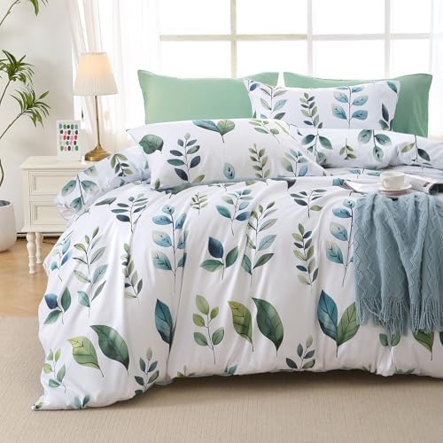 MUXHOMO Grey Green Foliage Full Comforter Set, Elegant Floral Print Bed in a Bag 7 Pieces, Soft & Breathable Reversible Botanical Pattern Bedding Set with Comforter, Sheets, Pillowcases, and Shams