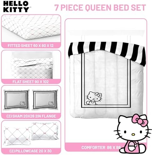 Sanrio Hello Kitty Queen Comforter Set 7 Piece Bedding for Girls, White