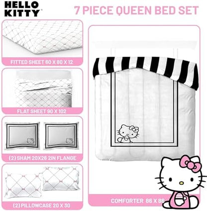 Sanrio Hello Kitty Queen Comforter Set 7 Piece Bedding for Girls, White