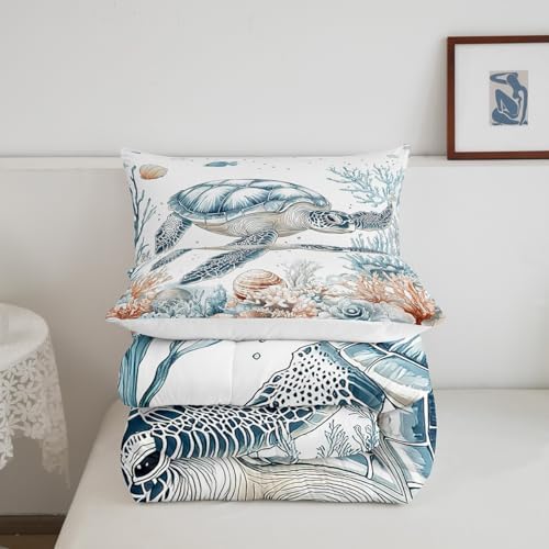 Homewish Sea Turtle Comforter Set Full Size,Ocean Coral Shells Bedding Set 3Pcs for Kids Girls Boys Adult Room Decor,Underwater World Quilt Set Wild Animals Duvet Insert,2 Pillowcases
