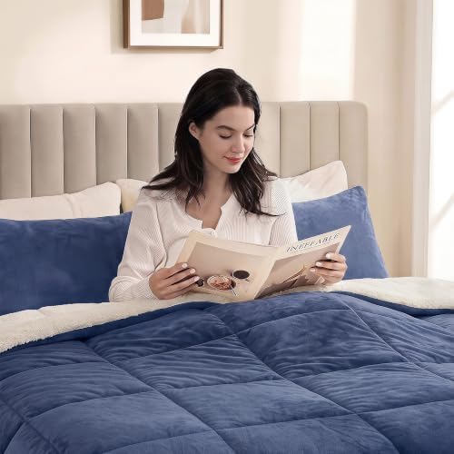 Fluffy Sherpa Queen Comforter Set, Thick Bedding Set 3 Pieces, Slate Blue