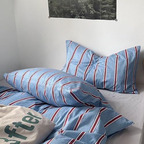 mixinni Vintage Blue & Red Striped Comforter Set King Size - Soft Cotton 3-Piece Bedding Set (1 Comforter + 2 Pillowcases), Retro Geometric Stripes Pattern, All-Season Lightweight & Breathable