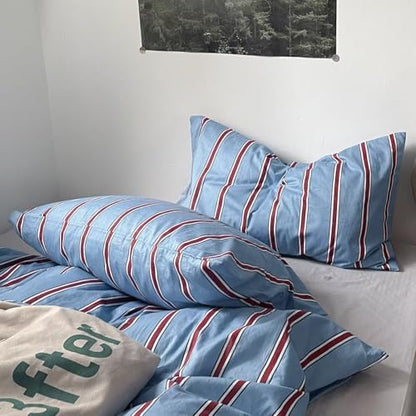 mixinni Vintage Blue & Red Striped Comforter Set King Size - Soft Cotton 3-Piece Bedding Set (1 Comforter + 2 Pillowcases), Retro Geometric Stripes Pattern, All-Season Lightweight & Breathable