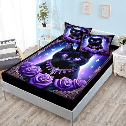 HOSIMA Cat Queen Fitted Sheet for Boys Girls,1 Fitted Sheet+2 Pillowcases.