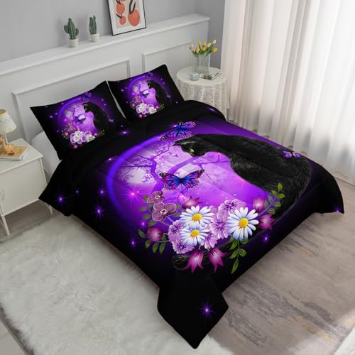 Axolotl Black Cartoon Cat Bedding Comforter Set King,Cute Cat Bedding for Kids,Daisy Butterflies Print Kids Bedding for Boys Girls Adults,Animal Flowers Comforter Set All Season,1 Quilt 2 Pillow Cases