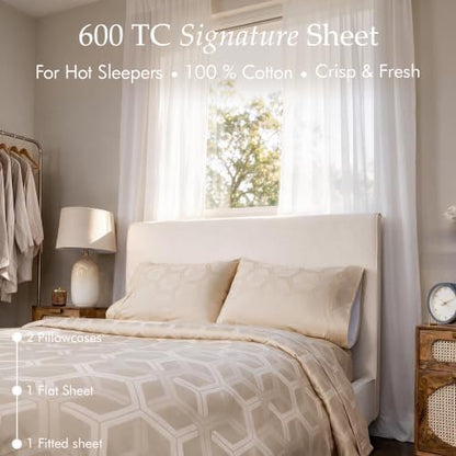 Threadmill 600 Thread Count Cotton Queen Sheet Set, Sateen, Jacquard, Beige