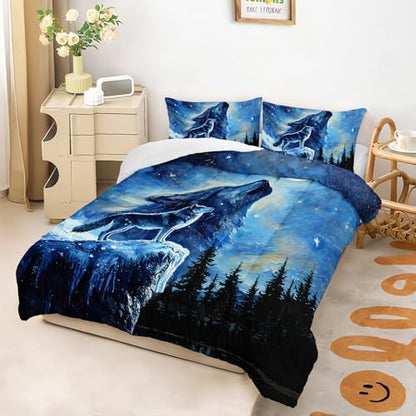 Wolf Comforter Set Queen for Boys Girls,Howling Wolves Night Moon Comforter Mountain Forest Wolf Bed Set,Wild Animals Quilt Set for Adults Kids Bedroom Decor,All Seasons