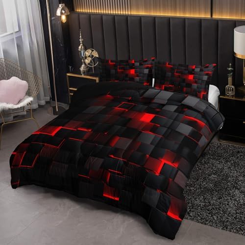 Nttopship Neon Red Black Comforter Set King Geometric Kids Bedding Set,3 PCS Geometry Honeycomb Bed Set Modern Quilt Set 1 Comforter 2 Pillow Cases Cool Room Decor All Season B-Side Black