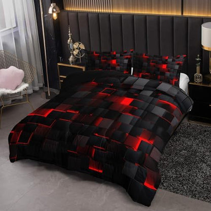 Nttopship Neon Red Black Comforter Set King Geometric Kids Bedding Set,3 PCS Geometry Honeycomb Bed Set Modern Quilt Set 1 Comforter 2 Pillow Cases Cool Room Decor All Season B-Side Black