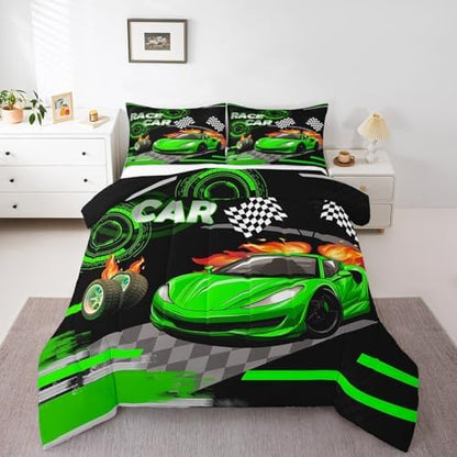 Feelyou Kids Green Race car Comforter Set Twin Size Boys Girls