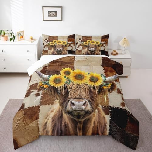 Highland Cow Comforter Set Queen Size,Brown Cow Fur Print Bedding Set 3Pcs for Kids Girls Boys Adult Room Decor,Sunflower Botanical Quilt Set Rustic Farm Animals Duvet Insert,2 Pillowcases