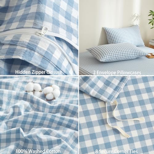 Gingham Duvet Cover Set 3 Piece 100% Washed Cotton Linen Feel Modern Plaid Checkered Bedding Comfy Breathable (Blue/White Gingham, Full)