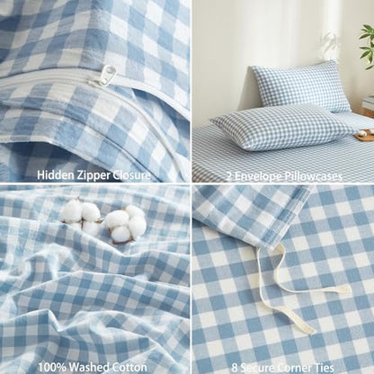 Gingham Duvet Cover Set 3 Piece 100% Washed Cotton Linen Feel Modern Plaid Checkered Bedding Comfy Breathable (Blue/White Gingham, King)