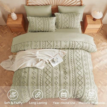 MR&HM King Size Comforter Set 7 Pieces, Boho Tufted Bedding Set Sage Green