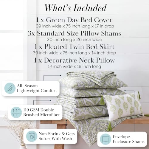 6-Pcs Daybed Quilt Set Cover Set Twin Bedding Set easy care Paisley Green