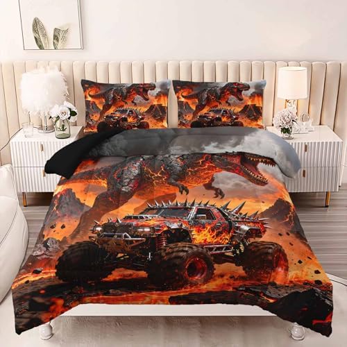 AILONEN Dino Monster Truck Comforter Set Twin 3 Piece - Black Volcano Flame Bedding for Kids Boys - Soft Microfiber with 2 Pillowcases