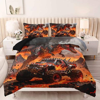 AILONEN Dino Monster Truck Comforter Set Full 3 Piece - Black Volcano Flame Bedding for Kids Boys - Soft Microfiber with 2 Pillowcases