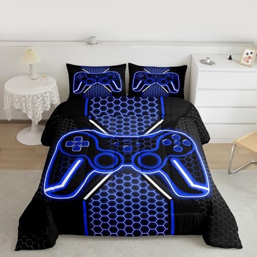 Feelyou Blue and Black Bedding Set King Size Gamer Comforter Set for Kids Game Controller Comforter Teens Honeycomb Duvet Set