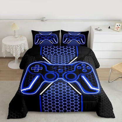 Feelyou Blue and Black Bedding Set King Size Gamer Comforter Set for Kids Game Controller Comforter Teens Honeycomb Duvet Set