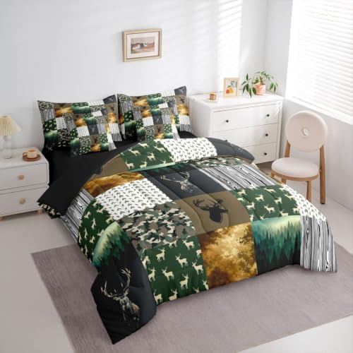 Feelyou Deer Hunting Comforter Set King Size 7 Pieces Camouflage Bedding Set for Kids Boys Girls Rustic Plaid Bed in a Bag with Comforter, Sheets, Pillowcases, Cushion Covers Lightweight