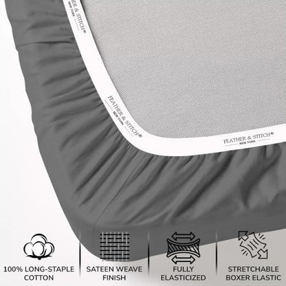 Feather & Stitch 100% Cotton Sateen 500 TC Split King Size Bed Sheet Set