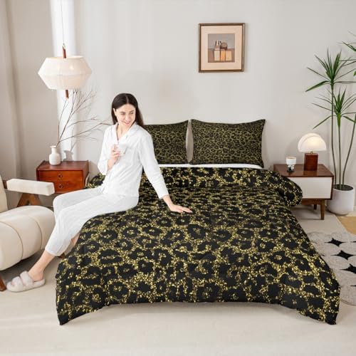 Black Leopard Kids Comforter Set King Size,Wild Animal Cheetah Skin Abstract Bedding Set,Girls Boys Room Decor,Wildlife Golden Glitter Modern Quilt Comforter,Fashion Duvet Insert,2 Pillowcases