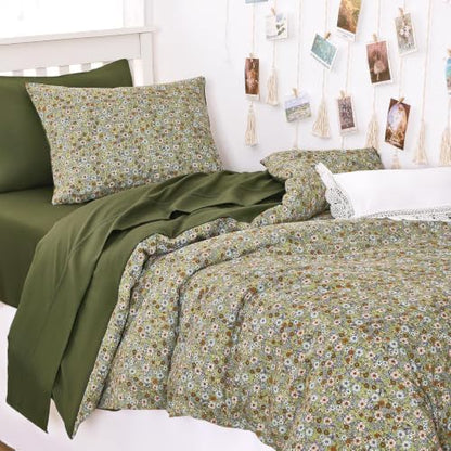 Wake In Cloud - Floral Comforter Set with Sheets, Cute Vintage Flower Cottagecore Aesthetic for Women Teen Girls, 5 Pieces Bed in a Bag, Olive Green, Twin Size