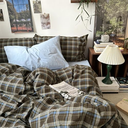 mixinni Vintage Brown & Blue Buffalo Plaid Duvet Cover Set King Size - 3 Piece Washed Cotton Bedding Set with Grid Pattern, Soft & Breathable Duvet Cover with Pillowcases for All Seasons
