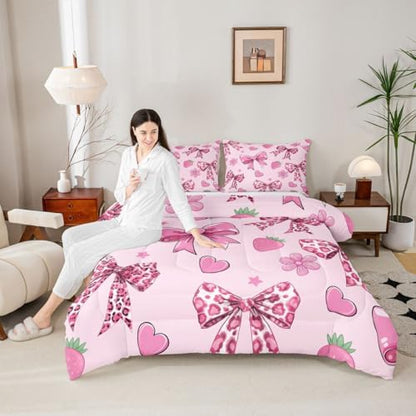 jejeloiu Bowknot Leopard Bedding Set Adults Girls Comforter Set Full Size