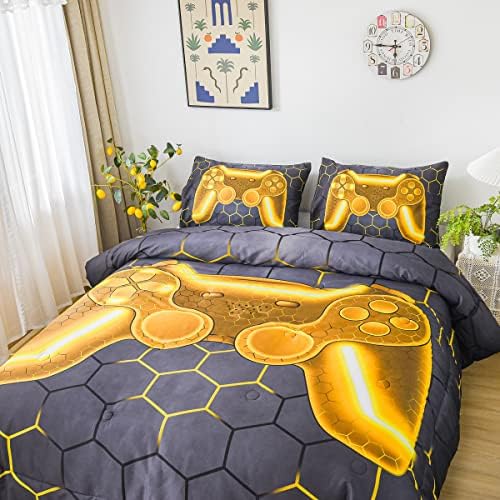 NTBED Gold Game Console Comforter Set Queen for Boys Girls Kids 3D Gaming Geometric Lightweight Microfiber Bedding Sets