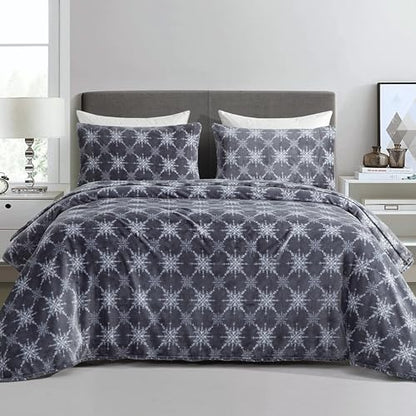 Elegant Comfort Luxuriously Soft 4-Piece Holiday Velvet Plush Flannel Sheet Set - Premium Quality - Cozy Warm, Christmas Fuzzy Velvet Flannel Fleece Deep Pocket Sheet Set - Full, Gray Snowflake