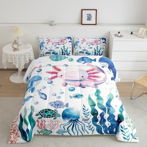 Feelyou Axolotl Bedding Set, King Size, Cute Axolotl Gifts for Girls Boys Kids Women Adults Bedding Set, Ultra Soft Axolotl Cuttlefish Pattern Comforter, Kawaii Ocean Sealife,Duvet Quilt, Quilt