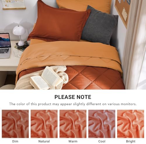 MUXHOMO 5 Pieces Twin XL Comforter Set, Reversible Bed in a Bag Twin XL Size, All Season Bedding Set with Comforter, Flat Sheet, Fitted Sheet, Pillowcases & Shams, Burnt Orange & Camel