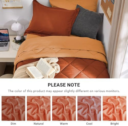 MUXHOMO 5 Pieces Twin XL Comforter Set, Reversible Bed in a Bag Twin XL Size, All Season Bedding Set with Comforter, Flat Sheet, Fitted Sheet, Pillowcases & Shams, Burnt Orange & Camel