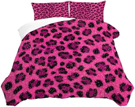 Hot Pink Cheetah Print Bedding Set Full/Queen Leopard Print Comforter for Women Girls Bedroom Animals Quilt Bed Set 1 Comforter 2 Pillowcases