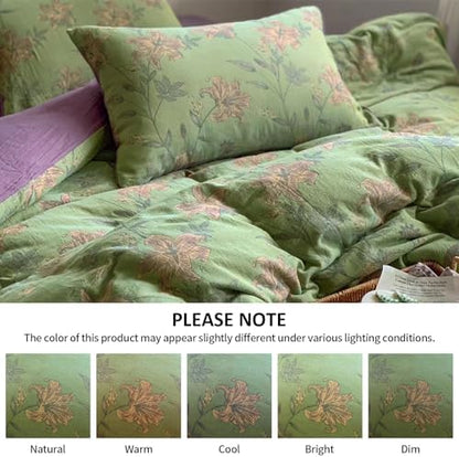 VM VOUGEMARKET Retro Flower Duvet Cover King,3Pcs Yarn-Dyed French Linen Jacquard Duvet Cover Set Mint Green Purple Bedding Set for Girls Women Without Comforter