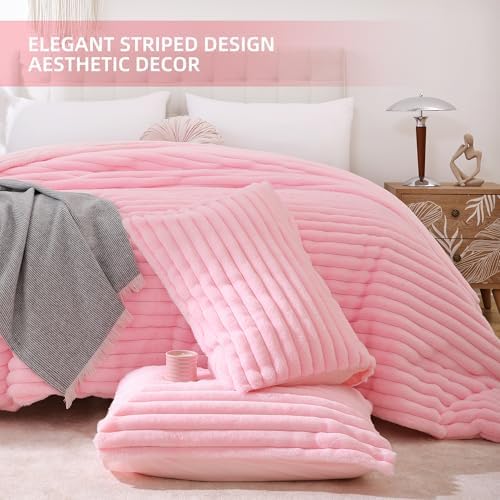 Smoofy Fluffy Full Size Comforter 3 PCS - Pink Fleece Bedding Set