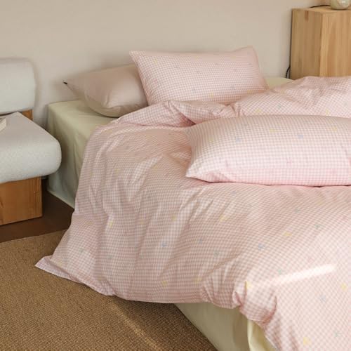 mixinni Gingham Duvet Cover Twin Size, 100% Cotton Light Pink and White Gingham Bedding Set for Girls, Cute Bow Print Soft Aesthetic Cottagecore Bedding 3 Pieces (1 Duvet Cover + 2 Pillowcases)
