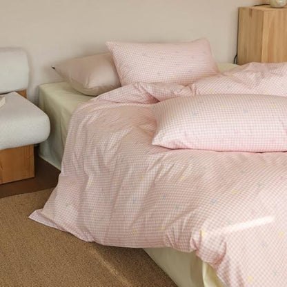 mixinni Gingham Duvet Cover Twin Size, 100% Cotton Light Pink and White Gingham Bedding Set for Girls, Cute Bow Print Soft Aesthetic Cottagecore Bedding 3 Pieces (1 Duvet Cover + 2 Pillowcases)