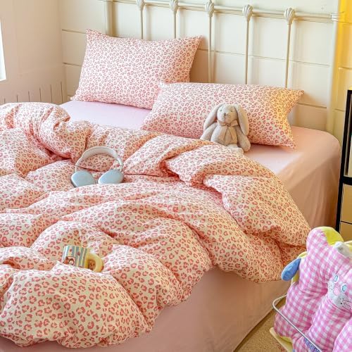 mixinni Pink Leopard Print Duvet Cover Set Queen Size, 3PCs Cute Aesthetic Cheetah Animal Bedding Set, 100% Cotton Double Gauze Soft Retro Cream Leopard Duvet Cover with 2 Pillowcases for Girls Women