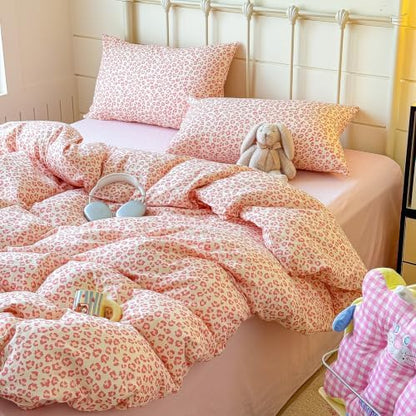 mixinni Pink Leopard Print Duvet Cover Set Queen Size, 3PCs Cute Aesthetic Cheetah Animal Bedding Set, 100% Cotton Double Gauze Soft Retro Cream Leopard Duvet Cover with 2 Pillowcases for Girls Women