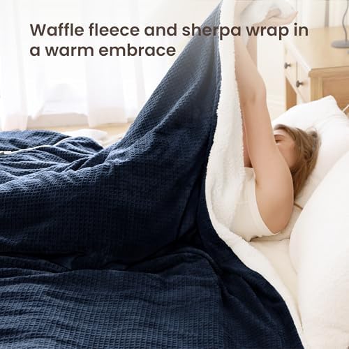 Heated Blanket Electric Blanket Queen Waffle,84x90 Inches Sherpa Fleece Fast Heating Blanket 6 Heating Levels & 10 Hours Auto Off ETL Certification, Navy Queen
