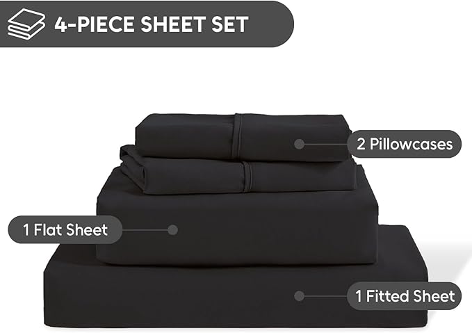 Queen Sheet Set, 4 Pieces Hotel Luxury Soft Microfiber Queen Bed Sheets Set, Up to 16" Deep Pockets, Oeko-Tex Sheets with Elastic, Breathable, Wrinkle Free(Black,Queen)