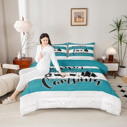 Camping Travel Comforter Set Queen Size,RV Trailer Camper Decor Bedding Set 3pcs for Kids Boys Girls Adults,Old Wooden Board Rustic Farmhouse Down Comforter,Teal Country Duvet Insert,2 Pillowcases