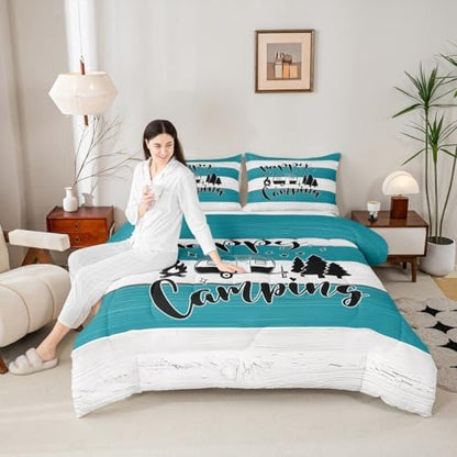Camping Travel Comforter Set Queen Size,RV Trailer Camper Decor Bedding Set 3pcs for Kids Boys Girls Adults,Old Wooden Board Rustic Farmhouse Down Comforter,Teal Country Duvet Insert,2 Pillowcases