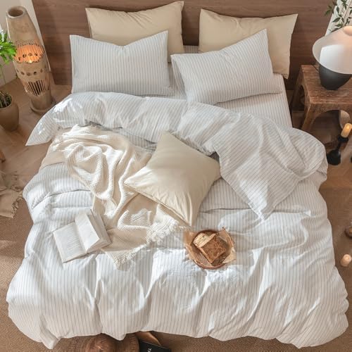MooMee Striped Duvet Cover Set 100% Washed Cotton Linen Like Alaska King